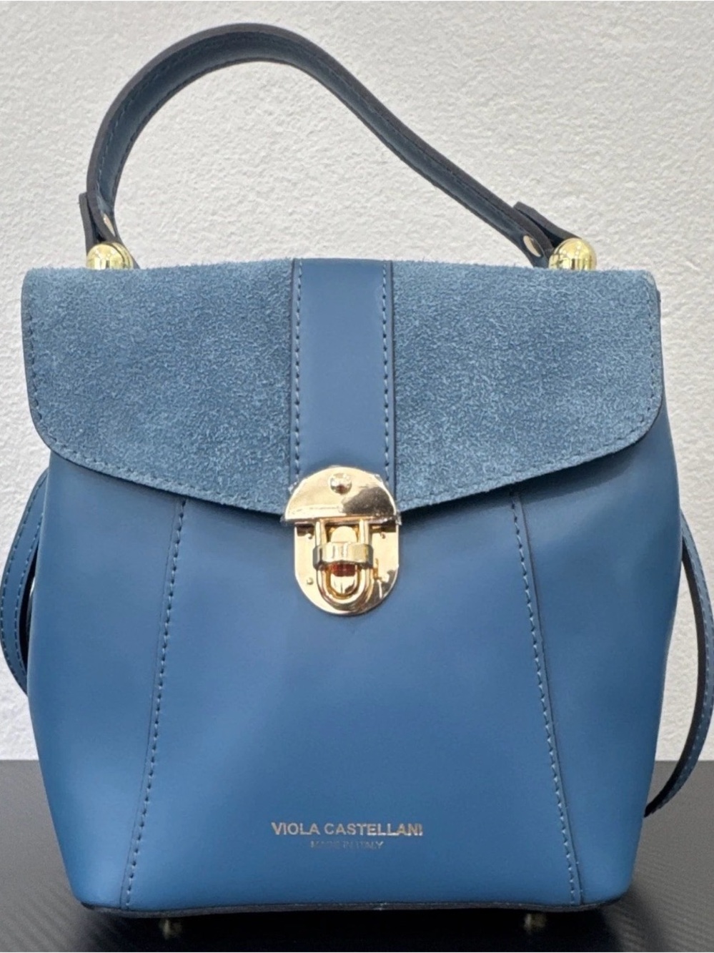 Viola Castellani blue small satchel top handle bag detachable straps